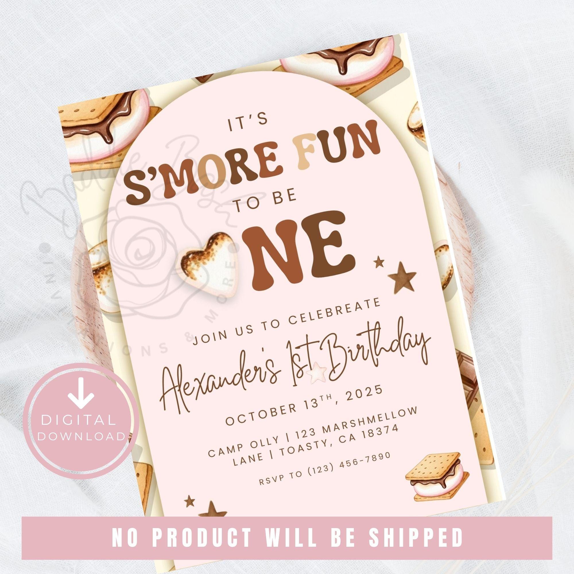 Invito per bambini con S'mores per il primo compleanno, invito per il primo compleanno con S'mores rosa, invito per il campeggio in giardino, invito p