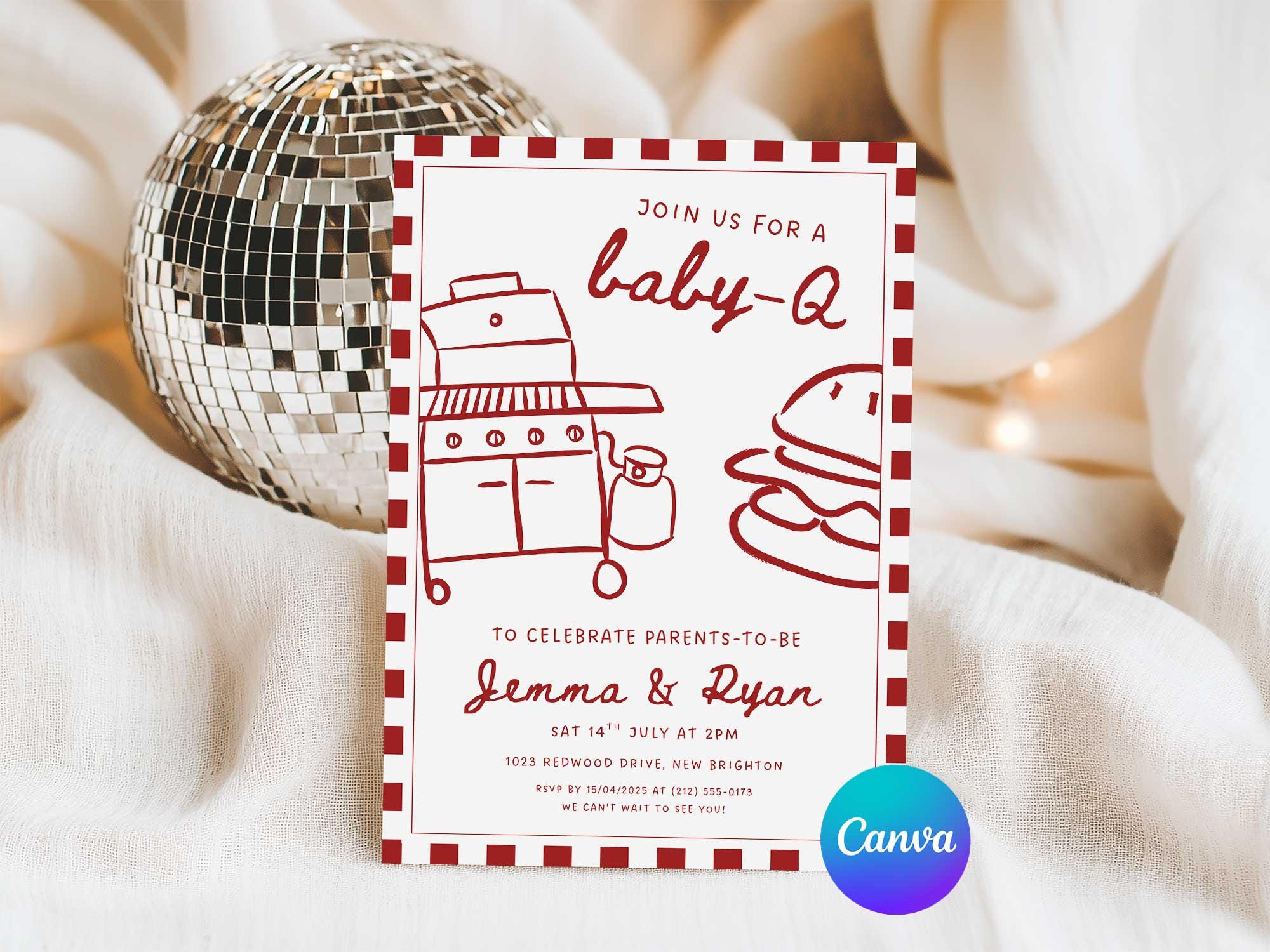 Invito per baby shower Baby-Q, modello di invito per baby shower a tema barbecue, invito per baby shower con barbecue in giardino disegnato a mano, mo