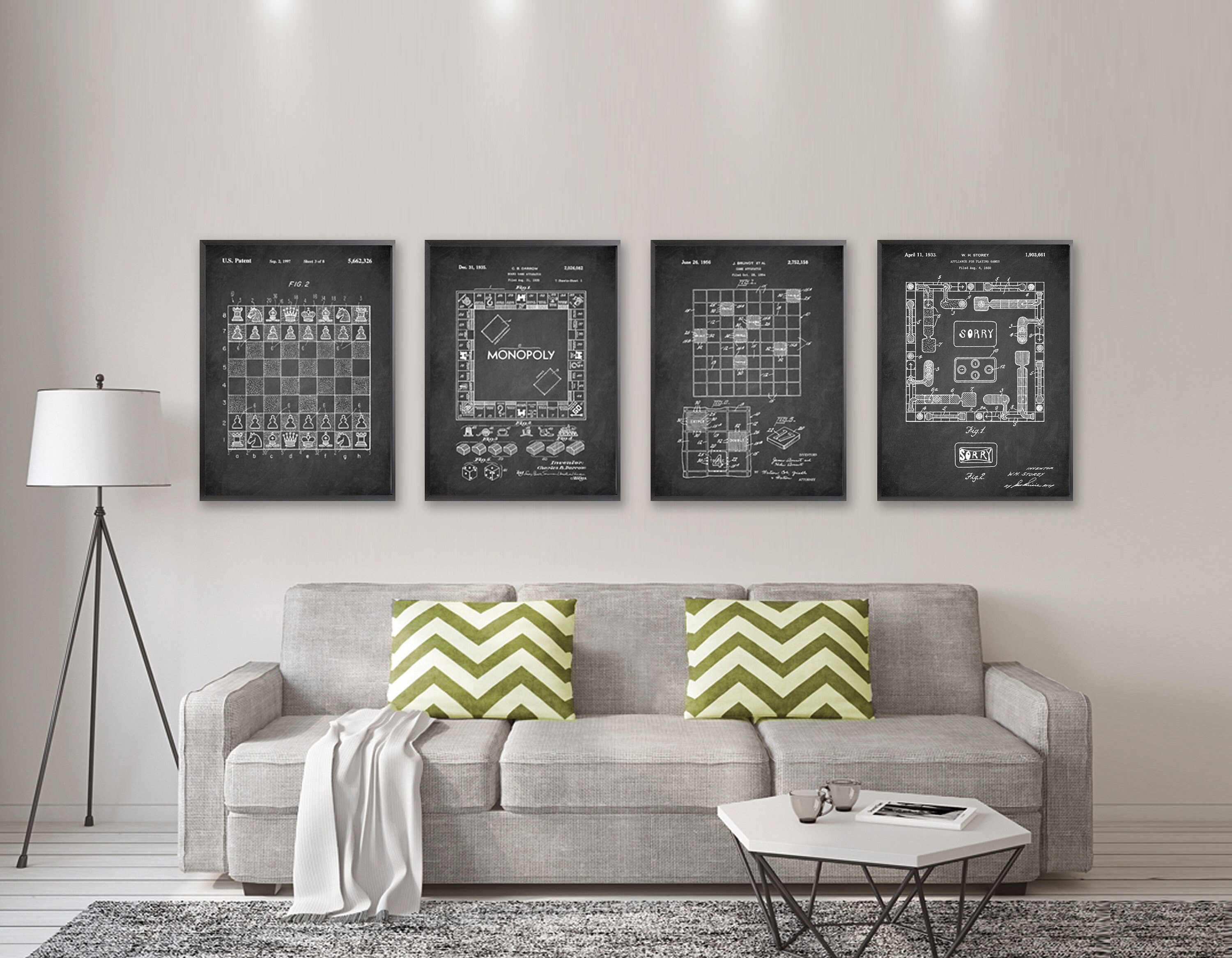 Set di 4 stampe di brevetti per scacchiere classiche, poster di brevetti per scacchiere vintage, stampa di brevetti per giochi da tavolo classici, bre