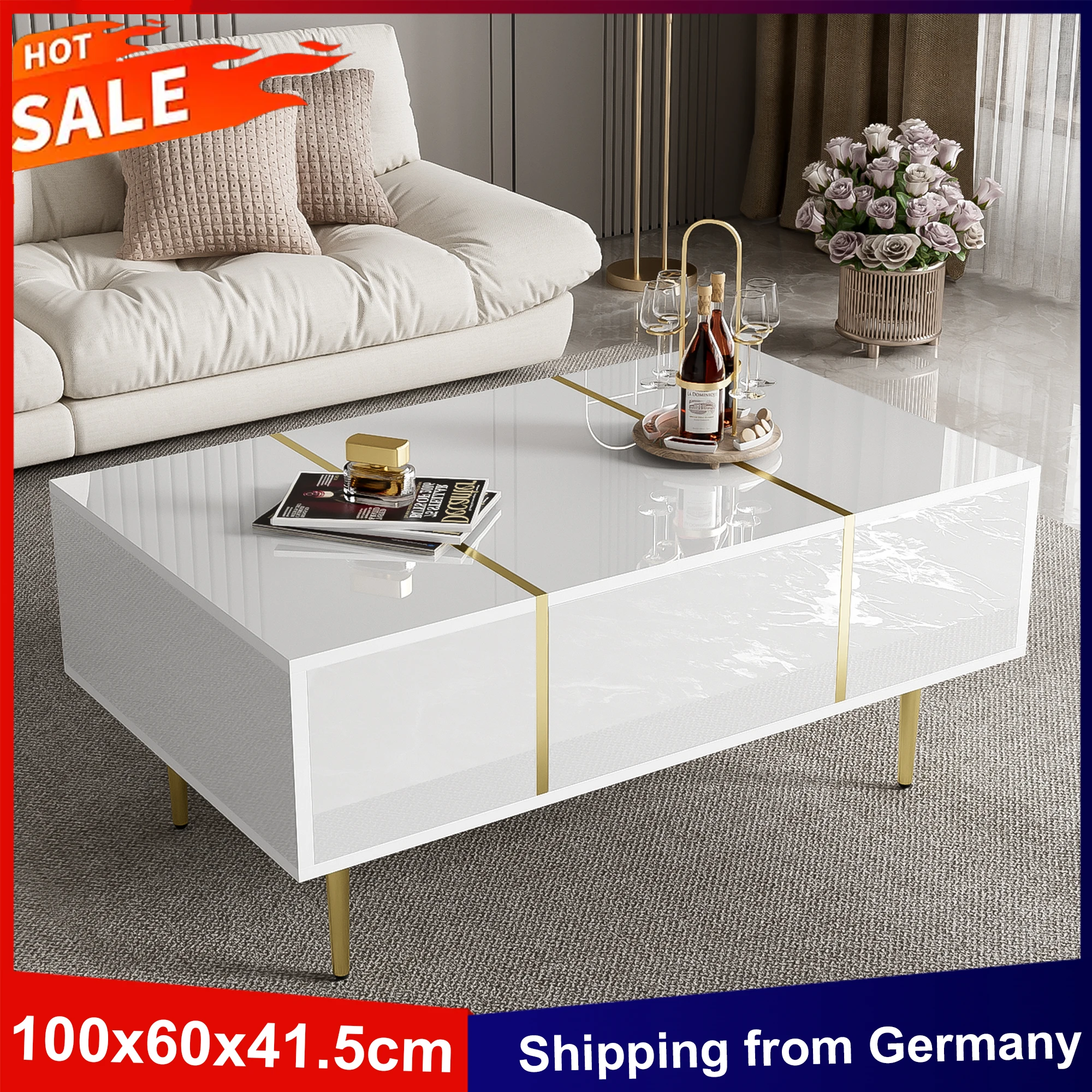 Anajqaqia 100 x 60 x 41,5 cm Couchtisch mit 2 Schubladen, moderner Hochglanz-Beistelltisch, Sofatisch, Wohnzimmertisch, weiß