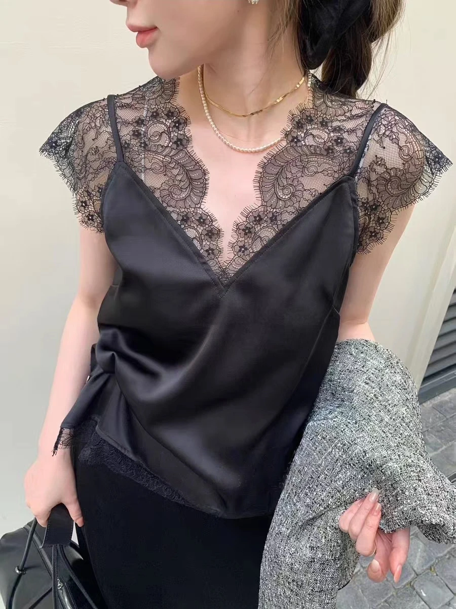 Frauen Sommer Elegante Spitze Patchwork V-ausschnitt Ärmelloses Satin Tank Top Dame Elegante Einfarbig Grundlegende Seide Bluse Top Image