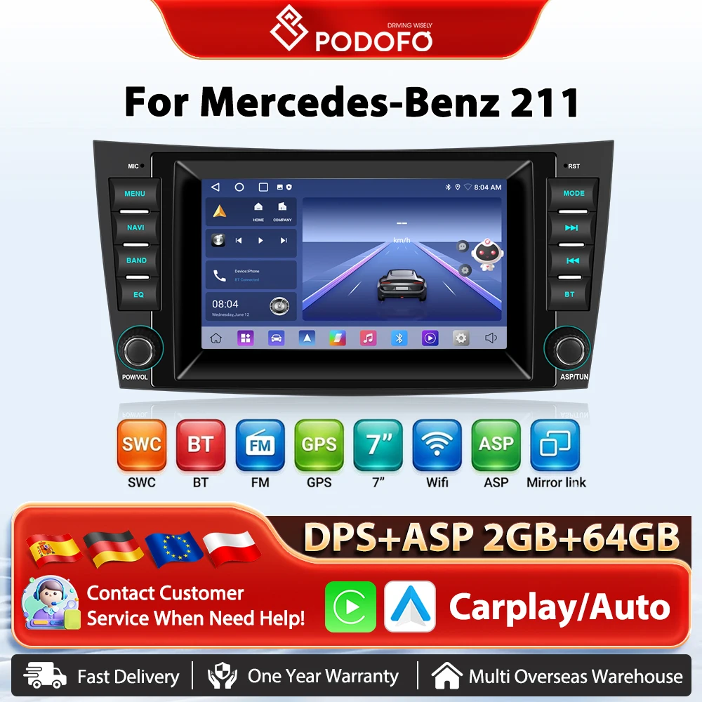 Podofo 7 Zoll Wireless Carplay Android Auto Auto Radio Für Mercedes-Benz 211 GPS Navigation Mirrorlink Auto Multimedia Player RDS Image