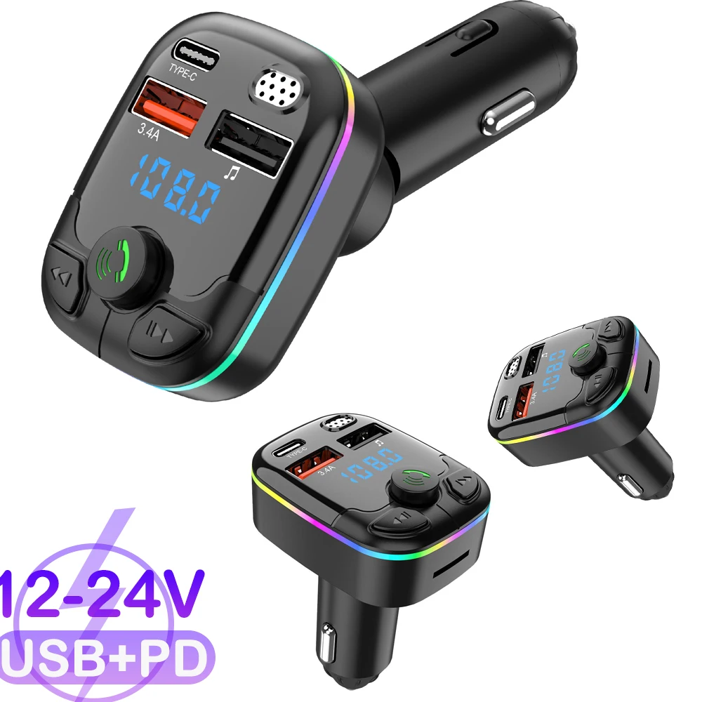 Auto-Ladegerät, FM-Transmitter, unterstützt TF-Karte, U-Disk, Auto-MP3-Player, Dual-USB, Typ C, Handy-Aufladung, Freisprecheinrichtung, kabelloses Auto-Set Image
