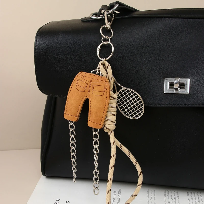 Mode Mini PU Hosen Englisch Brief Schläger Tasche Kamera Anhänger Zubehör Pentagramm geflochtenes Seil Schlüsselanhänger Image
