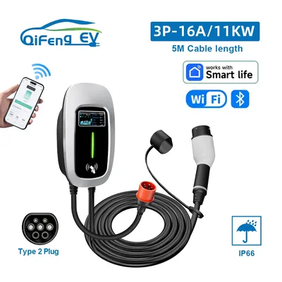 QiFeng EV-Ladegerät 16A 11KW 5M Elektrofahrzeug Typ2 Autoladegerät EVSE Wallbox 3-Phasenkabel IEC62196-2 Steckdose APP-Steuerung
