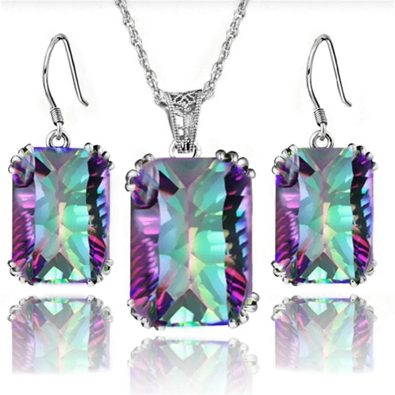 Vintage Silber Farbe Große Quadratische Zirkon Kristall Steine Anhänger Halskette Ohrringe Braut Schmuck Set für Frauen Party Zubehör