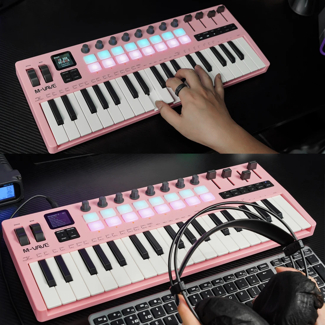 M-VAVE 37-Tasten-MIDI-Controller Pink SMK-37 Pro mit 16 RGB-Pads, 8 Knöpfe, integrierter Synthesizer, tragbare Tastatur, digitaler Controller Image