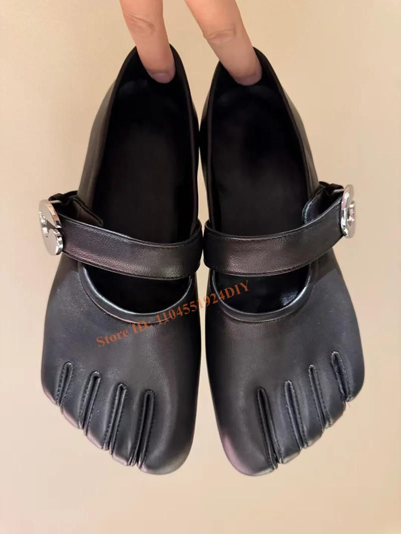 Split Toe Five-Finger Shoes Women Leather Mary Jane Flats In Black Buckle Strap Ballet Flats Casual Shoes