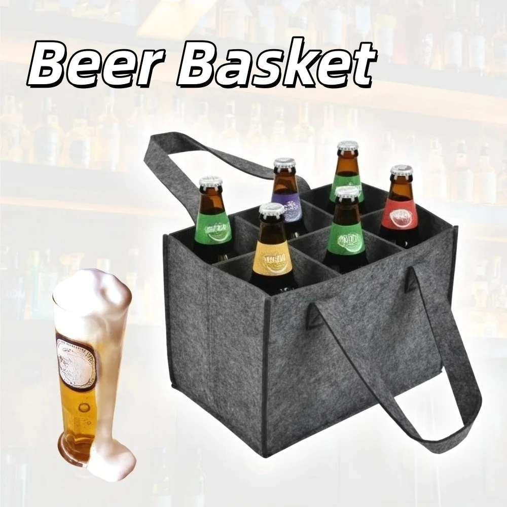 6-Flaschen-Filz-Bier-Getränkehalter-Tasche, schützender Bier-Aufbewahrungskorb, waschbar, mit Tragegriff, Auto-Bierflaschenträger