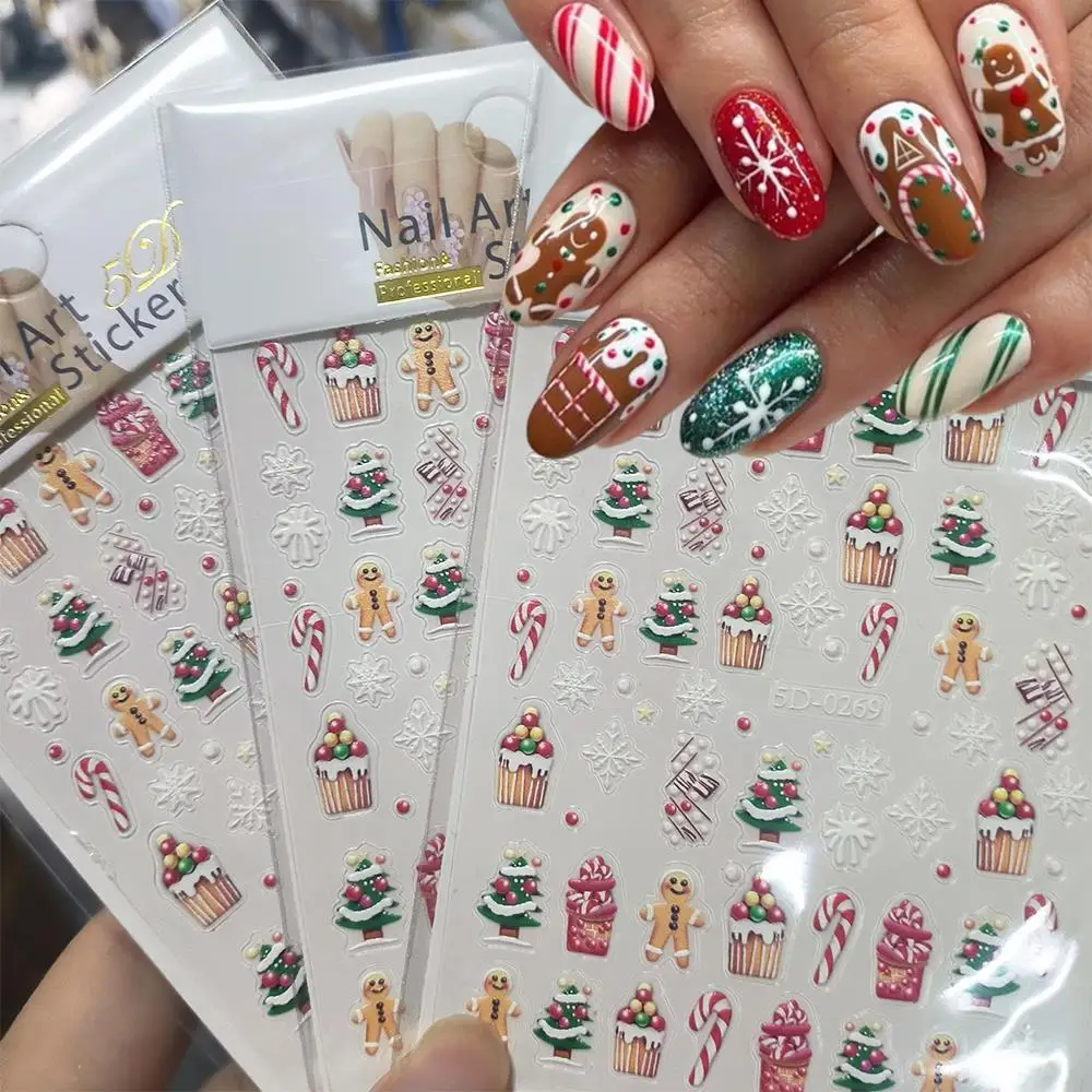 1pc Weihnachten 5D Lebkuchenmann Kuchen Schneeflocken Nail art Aufkleber Kiefer Geschenk Selbstklebende Slider Winter Weihnachten DIY maniküre Aufkleber Image