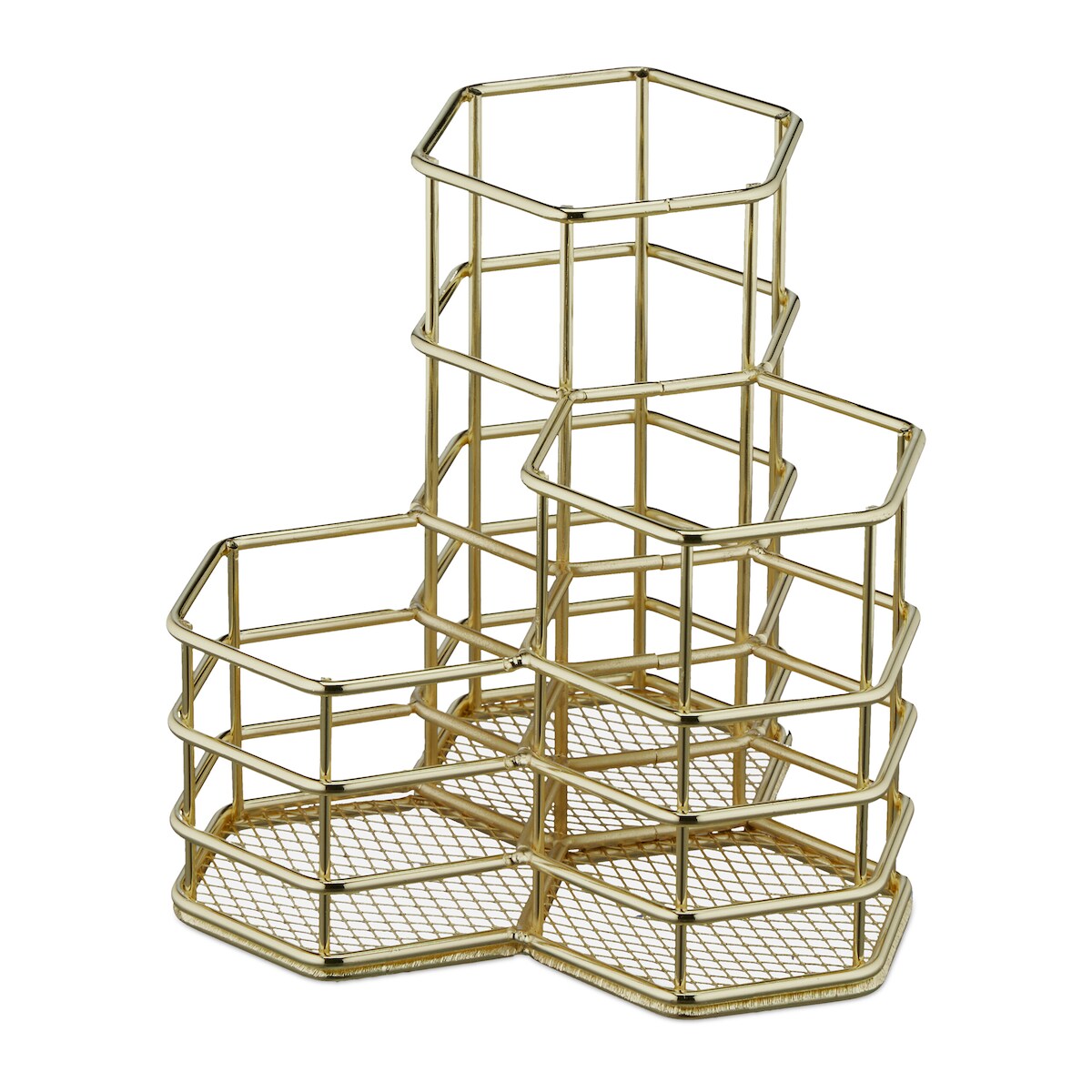 Relaxdays Pinselhalter, 3 Fächer, sechseckig, H x B x T: 12,5 x 12 x 12,5 cm, Draht, Stiftebecher Schreibtisch, gold Image