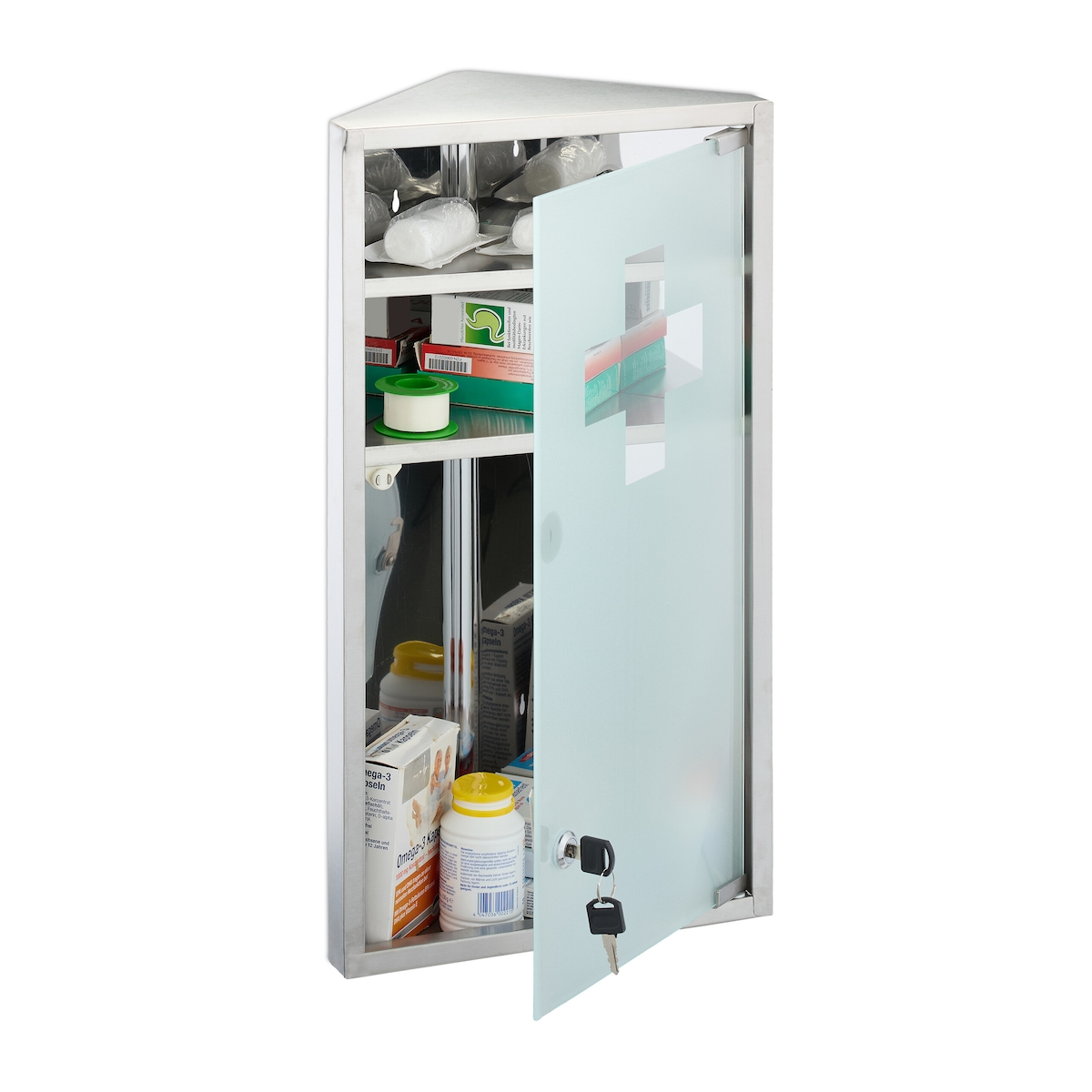 Relaxdays Medizinschrank, 3 Fächer, HxBxT: 56x30x18 cm, abschließbar, Edelstahl, Glastür, Eck Apothekenschrank, silber Image