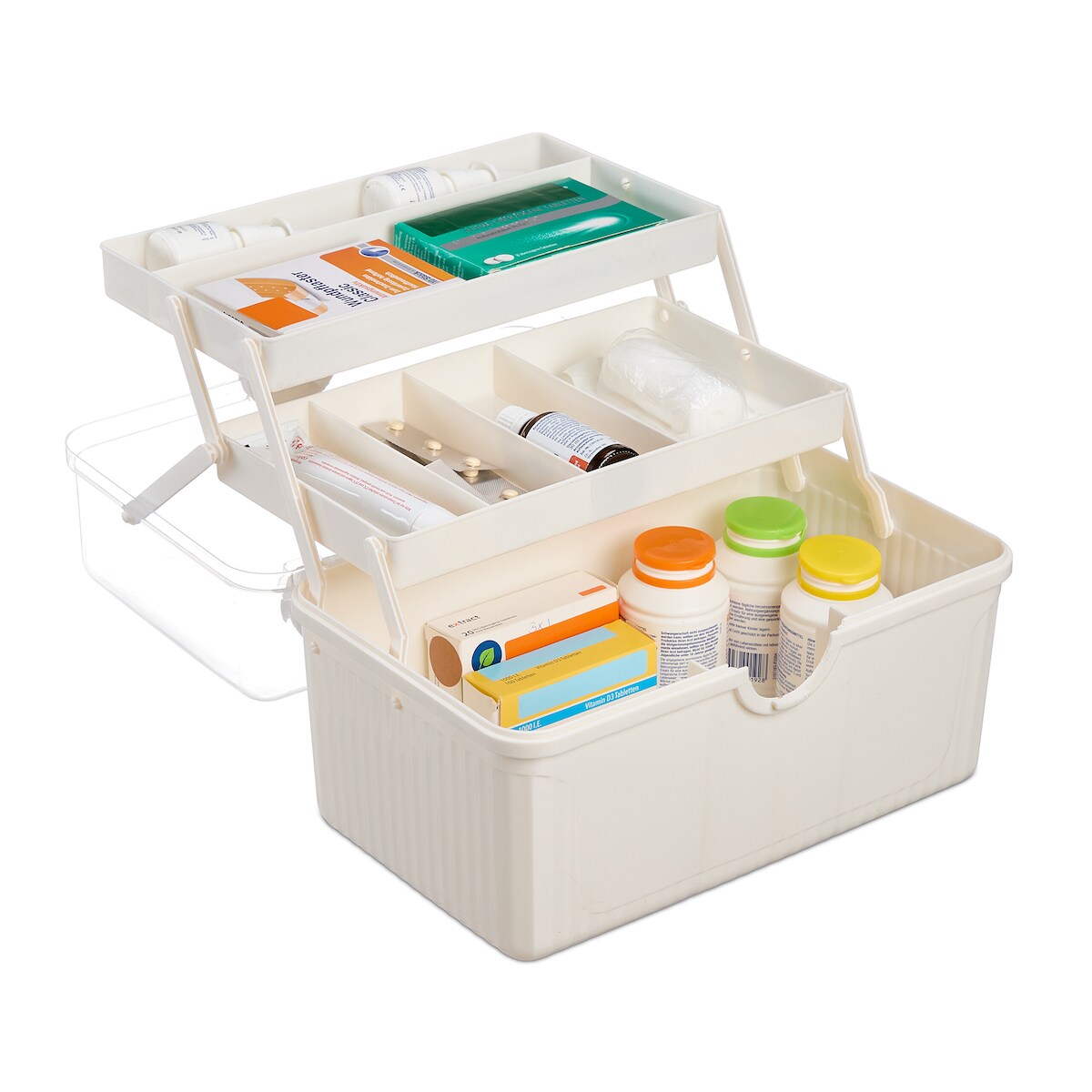 Relaxdays Apothekenbox, 7 Fächer, Erste Hilfe Kasten Hausapotheke, Kunststoff, HBT: 20,5 x 30 x 21 cm, Medizinbox, weiß Image