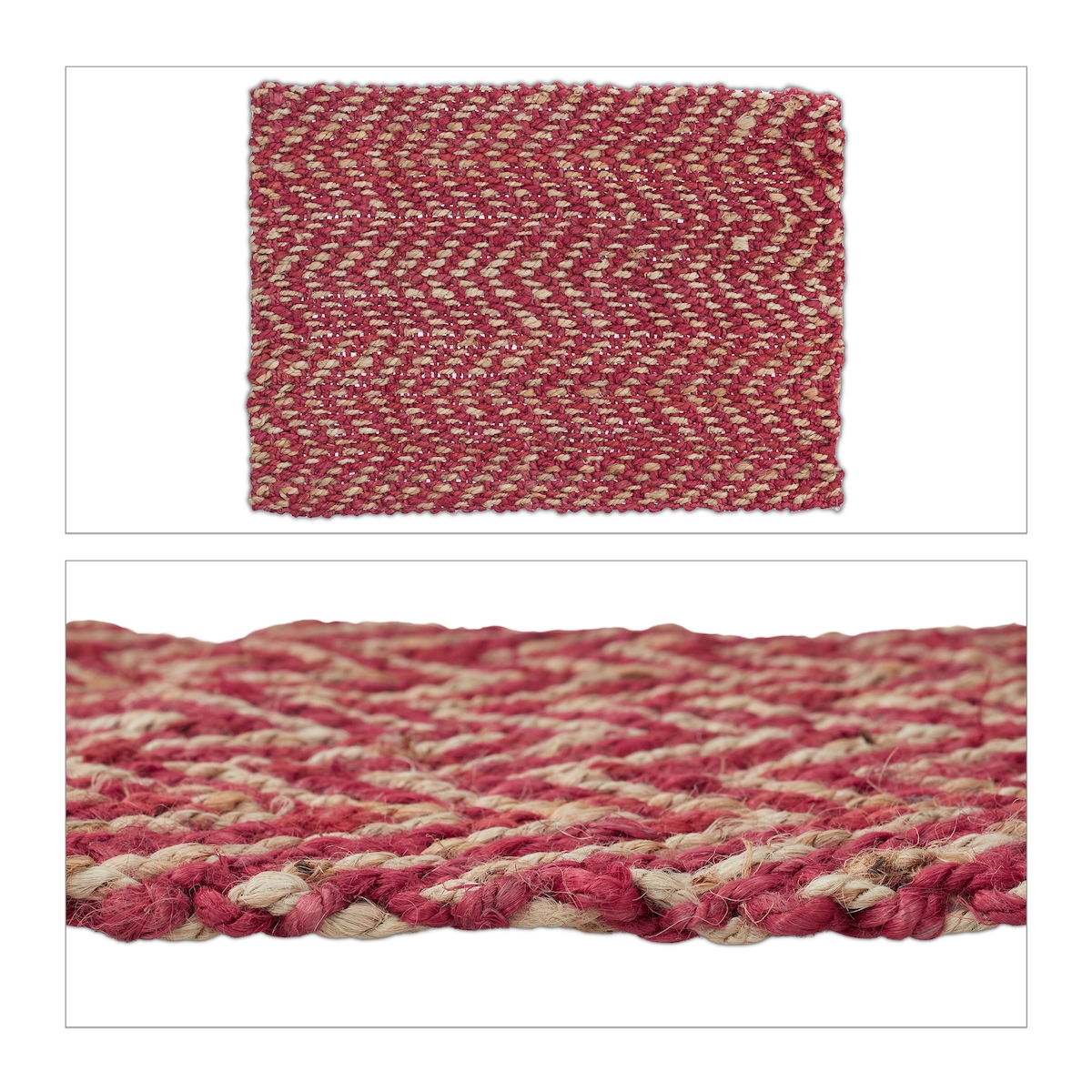 Relaxdays Jute Teppich, 60 x 90 cm, handgewebter Teppichläufer, Naturfasern, Läufer Flur, Wohnzimmer, Küche, rot/beige Image