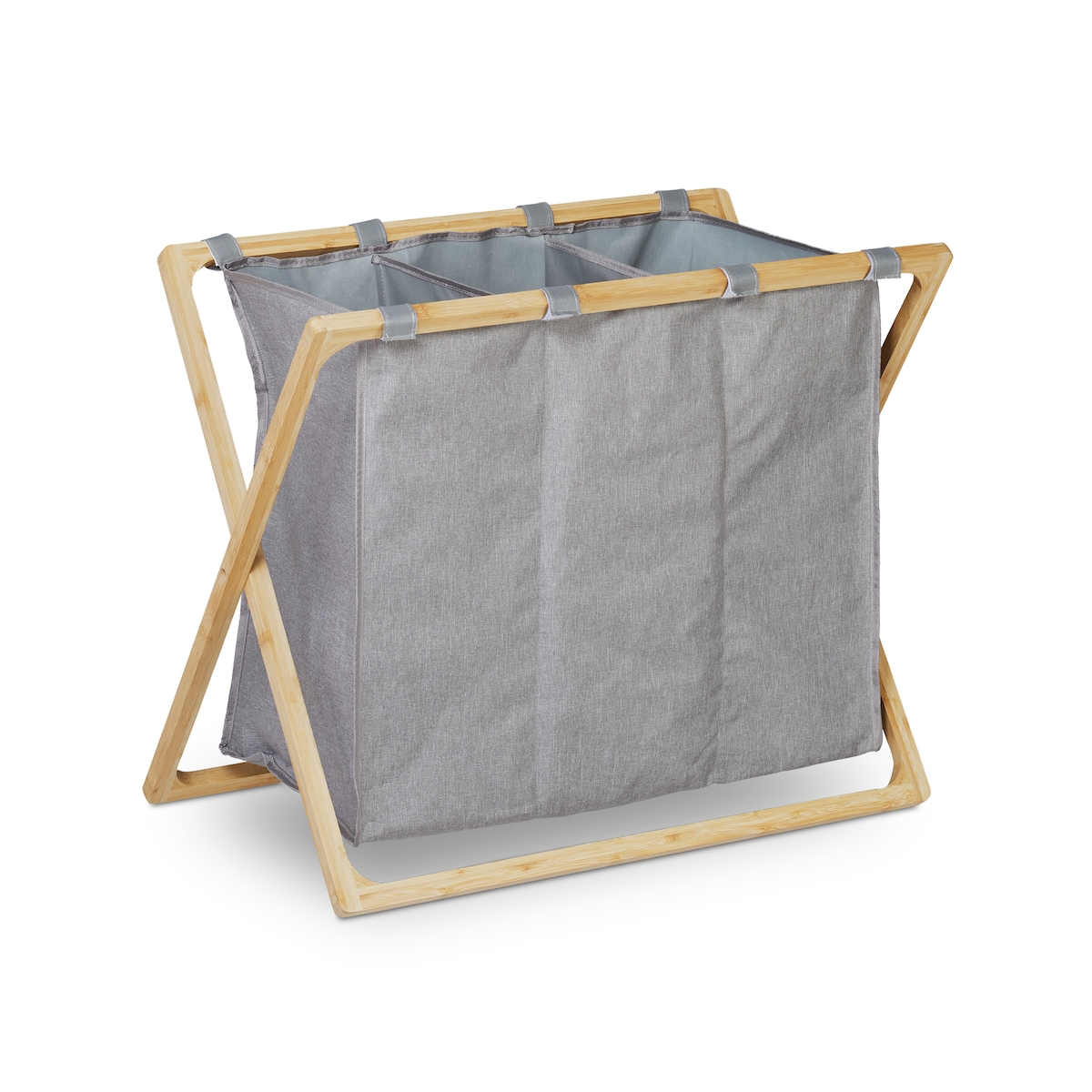 Relaxdays Wäschesortierer, klappbarer Wäschesammler mit 3 Fächern, 3x 28 L, Wäschetrenner, 57,5 x 69 x 38 cm, grau/natur Image