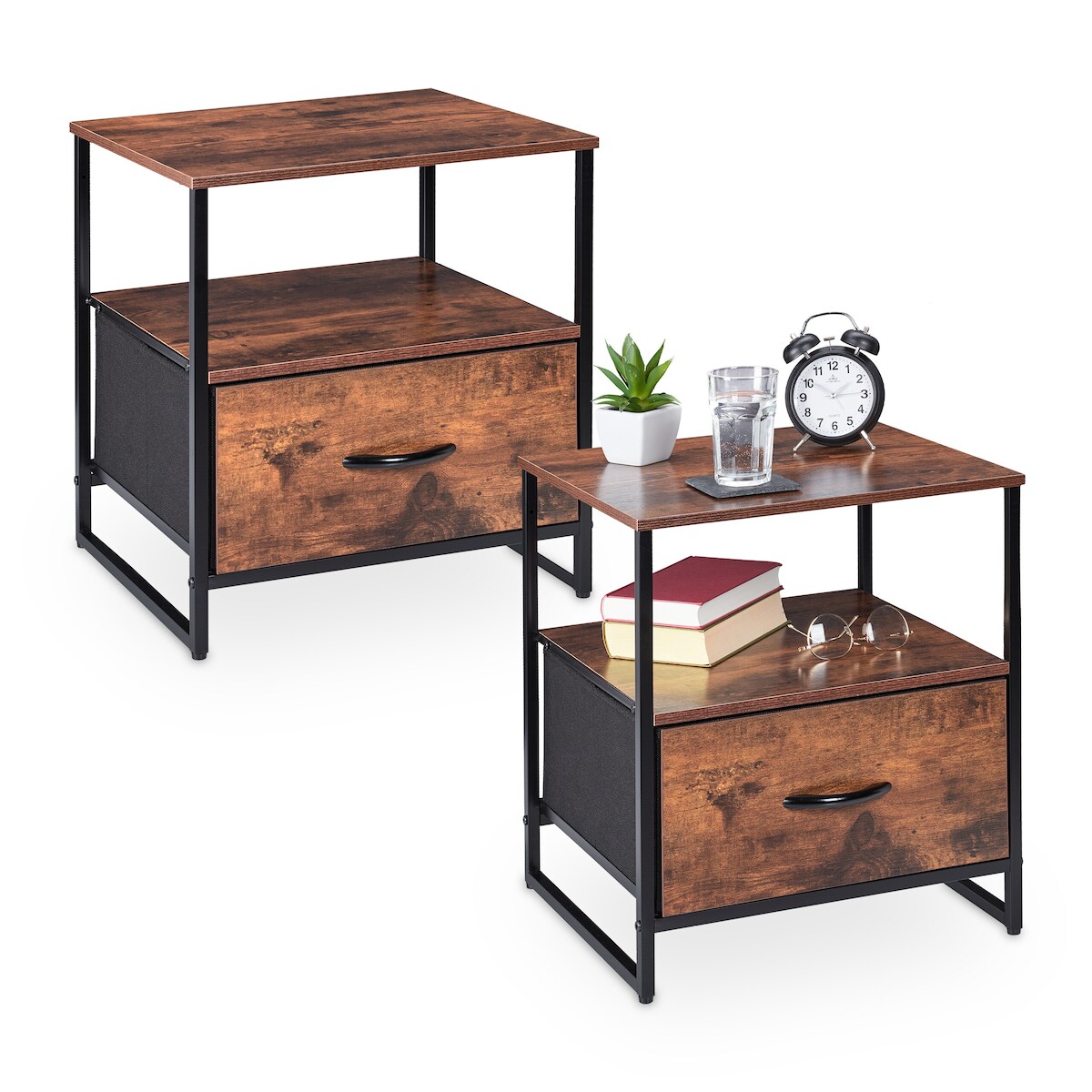 Relaxdays Nachttisch Industrial, 2er Set, HBT 50 x 45 x 42,5 cm, Nachtschrank mit Schublade, Schlafzimmer, schwarz/braun Image