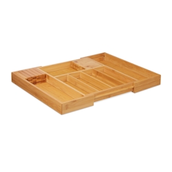 Relaxdays Besteckkasten Bambus, ausziehbar, 2 Messerblöcke, Schubladeneinsatz mit 5-7 Fächern, HBT 5 x 56 x 43 cm, natur Image