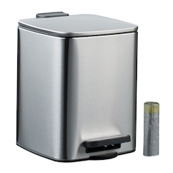 Relaxdays Kosmetikeimer, 6 L, Absenkautomatik, entnehmbarer Inneneimer, Metall, Bad Mülleimer, inkl. Müllbeutel, silber Image