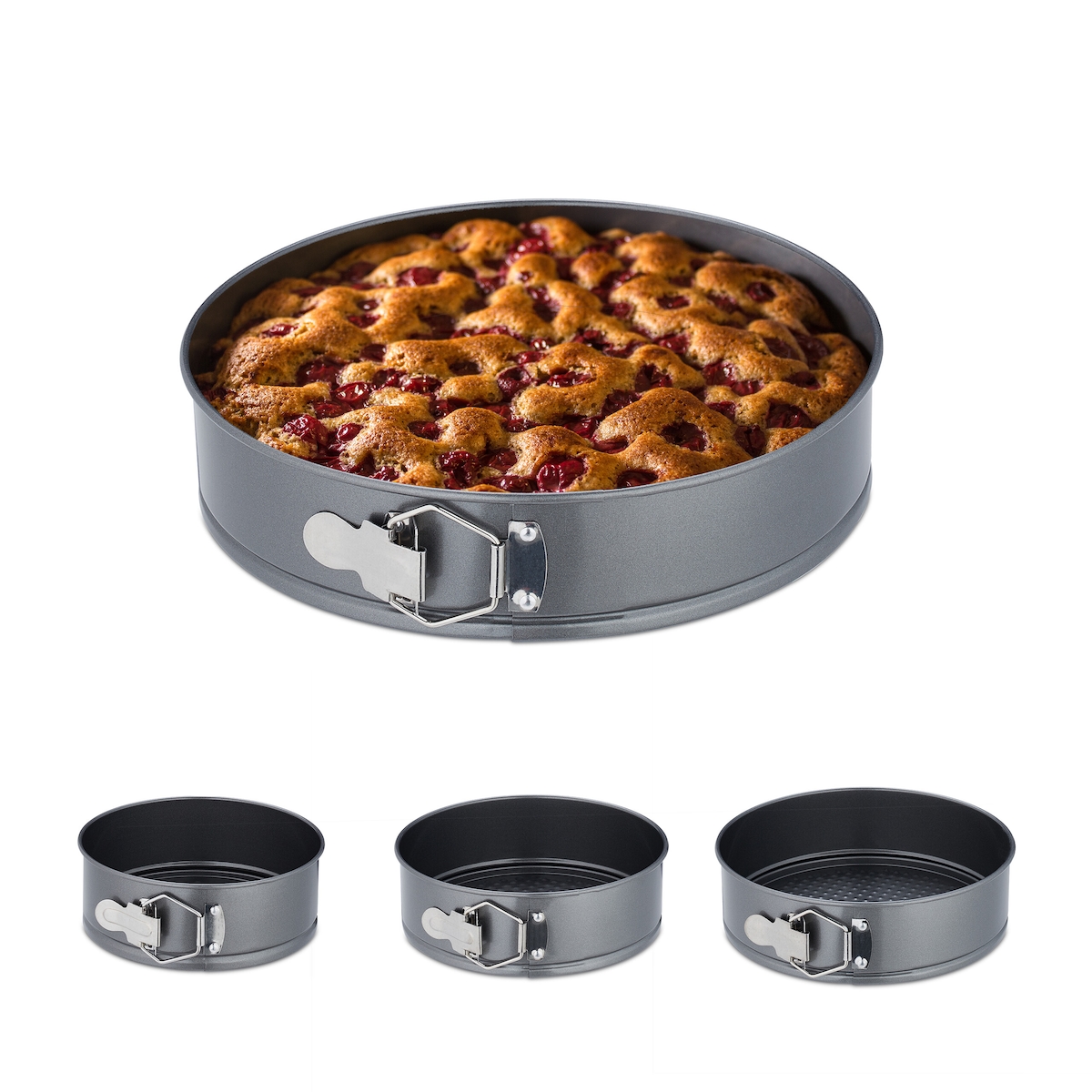 Relaxdays Springform 4er Set, rund, Ø 18, 20, 22, 24 cm, Edelstahl, antihaftbeschichtete Backform für Kuchen, anthrazit Image