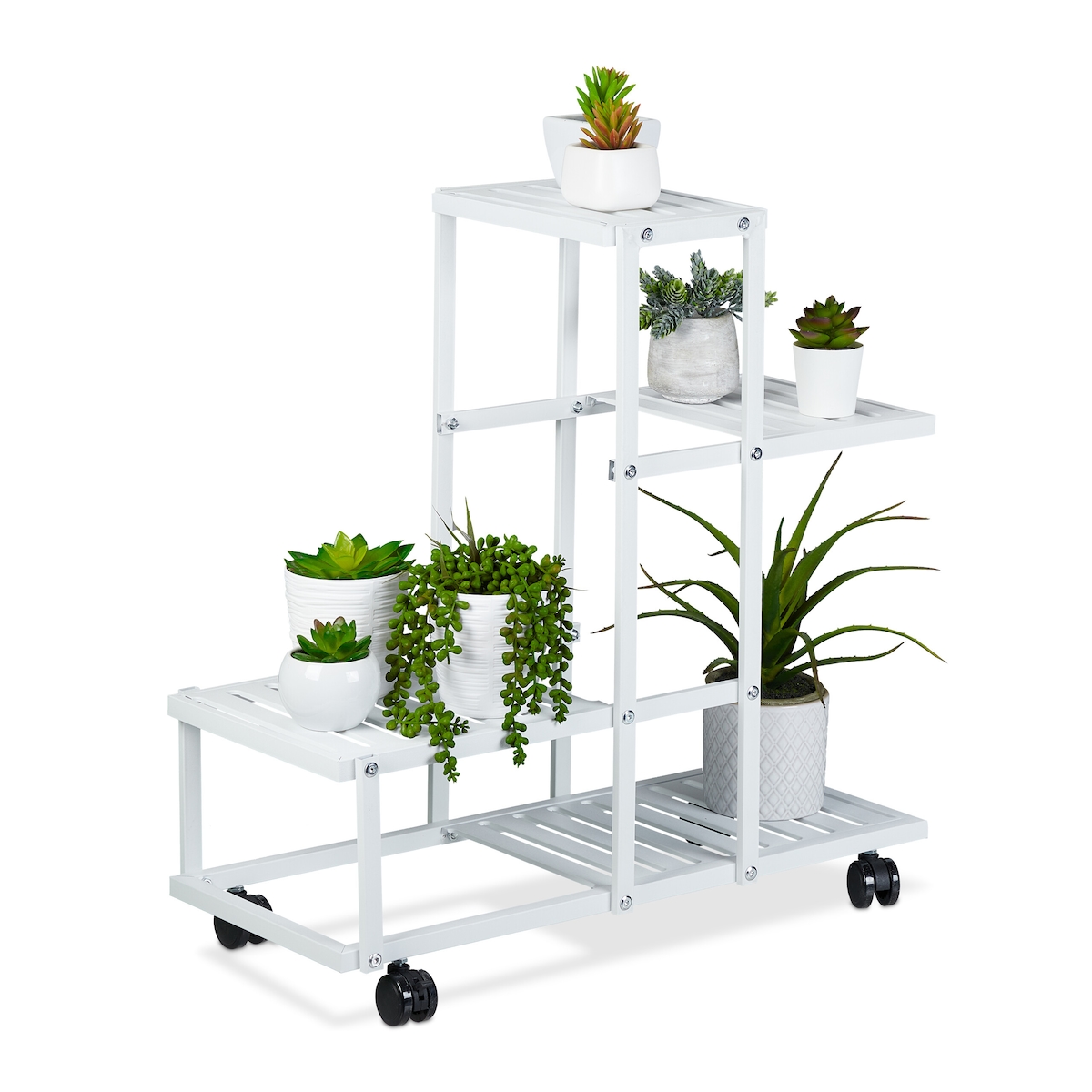 Relaxdays Pflanzenständer, 4 Ablagen, Pflanzentreppe für Blumen & Kräuter, Metall Blumenständer mit Rollen, Stahl, weiß Image