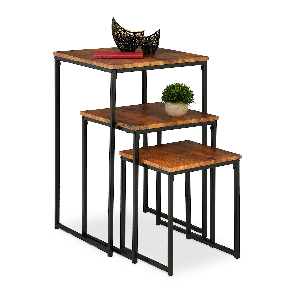 Relaxdays Beistelltisch 3er Set, stapelbar, Industrie Design, Satztisch 3 Größen, quadratisch, Metall, braun/schwarz Image