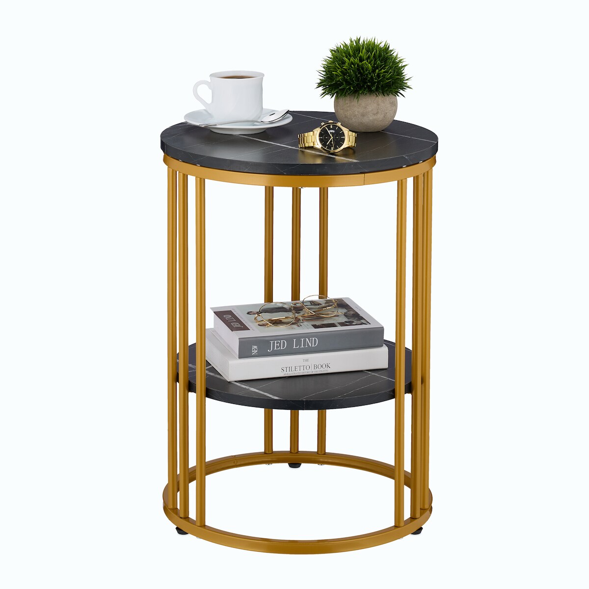 Relaxdays Beistelltisch Marmoroptik, 2 Ablagen, für Wohnzimmer, Metall & MDF, Sofatisch rund, HxD 56x40 cm, schwarz/gold Image
