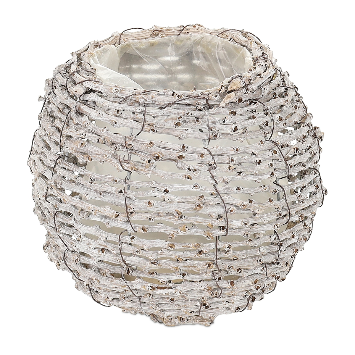 Relaxdays Blumentopf, 2er Set, Rattan, Pflanzentöpfe mit Folie, HxD: 17 x 20 cm, runde Pflanzkörbe für innen, weiß/natur Image