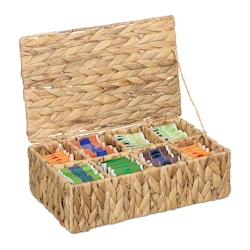 Relaxdays Teebox, 8 Fächer, 110 Teebeutel, geflochtener Tee-Organizer, HxBxT: 10 x 33 x 20,5 cm, Wasserhyazinthe, natur Image