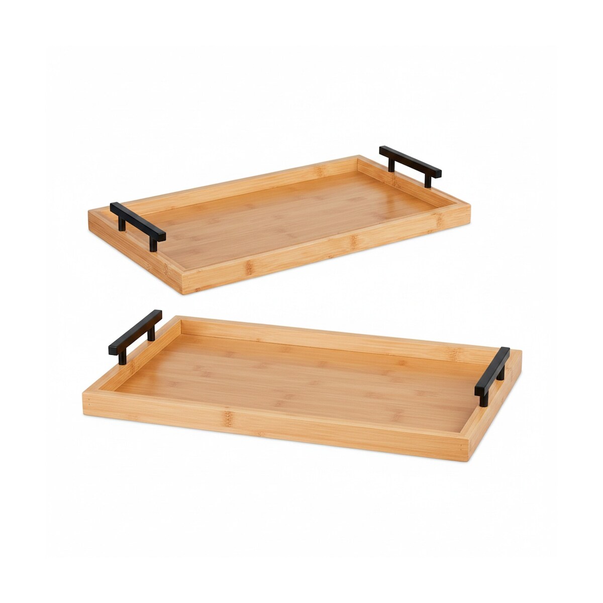 Relaxdays Tablett 2er Set Bambus, HBT: 7x50x30 cm & 7x43x26 cm, Serviertablett, Griffe, hoher Rand, Küchentablett, natur Image