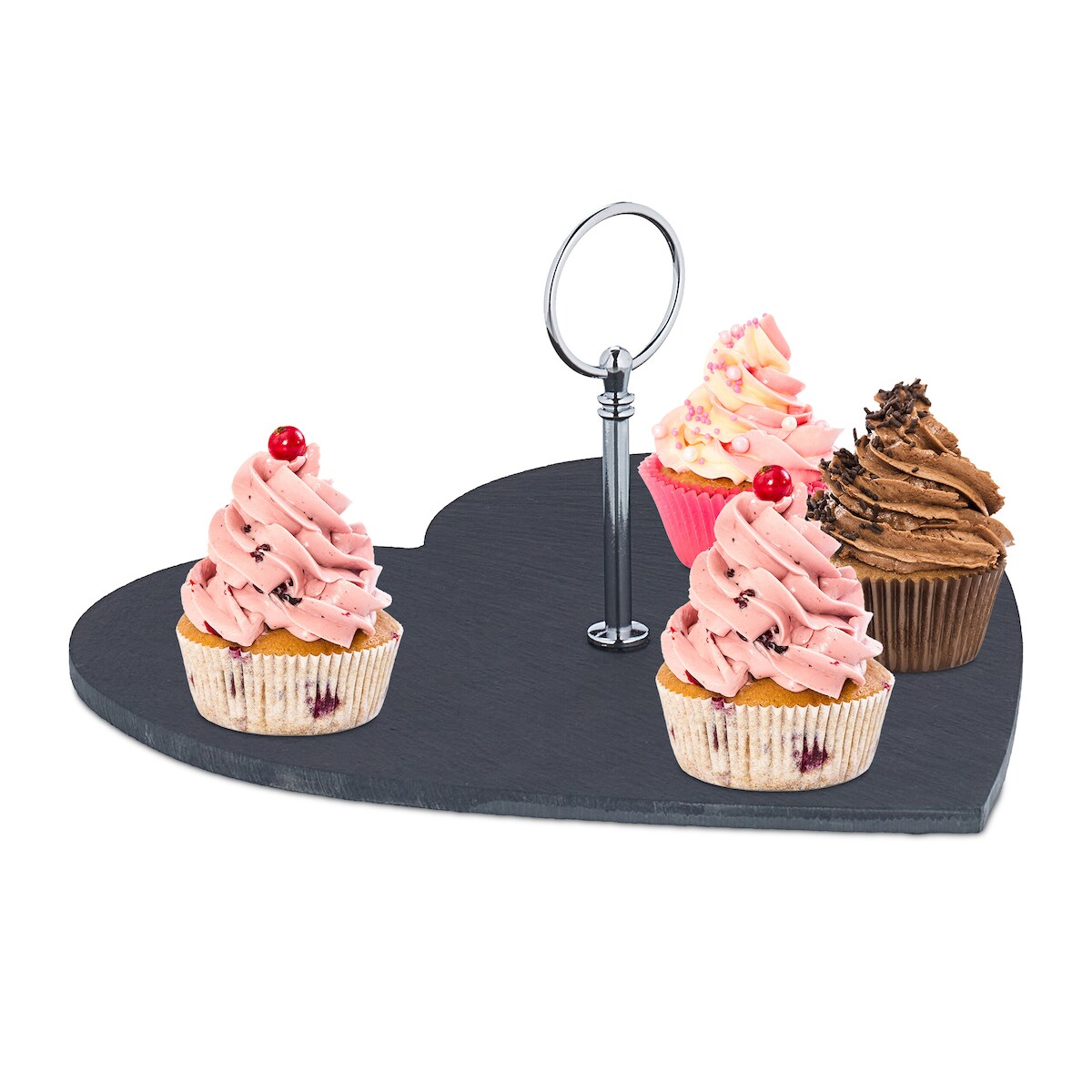 Relaxdays Schieferplatte Herzform, Servierplatte mit Griff, 25 x 25 cm, zum Servieren von Käse, Sushi, Desserts, schwarz Image