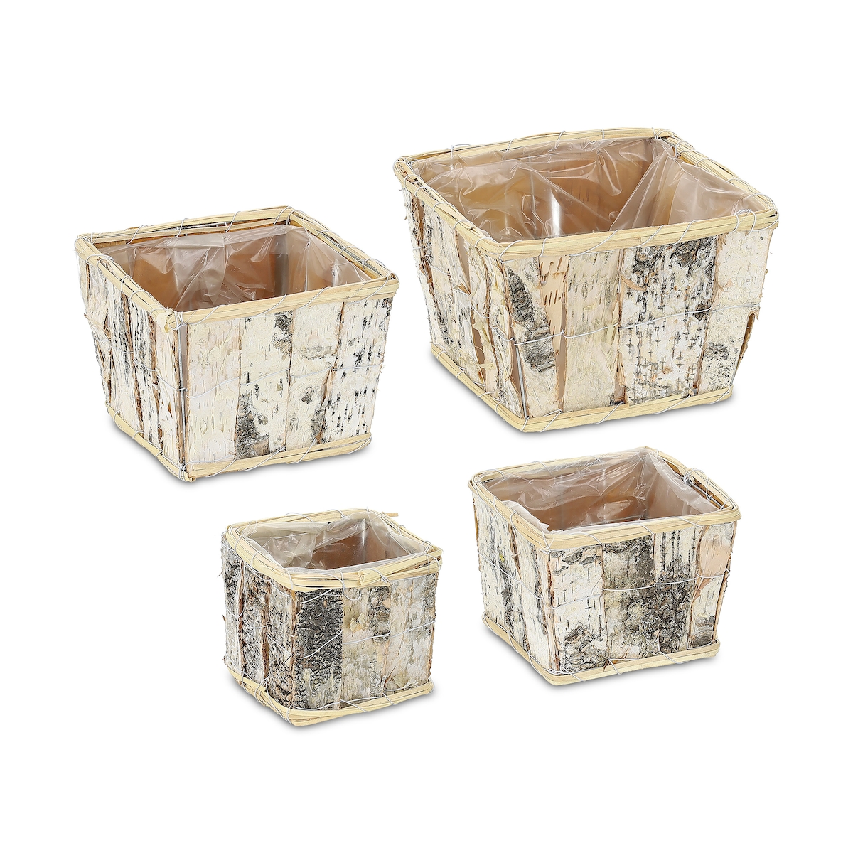 Relaxdays Blumentopf, 4 versch. Größen, eckig, Birke, Pflanzentöpfe mit Folie, Pflanzkörbe für innen & außen, weiß/natur Image