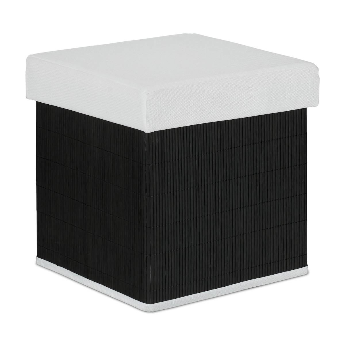 Relaxdays Sitzhocker mit Stauraum, gepolstert, klappbar, HBT: 35x35x35 cm, mit Deckel, Bambus Sitzwürfel, schwarz/weiß Image