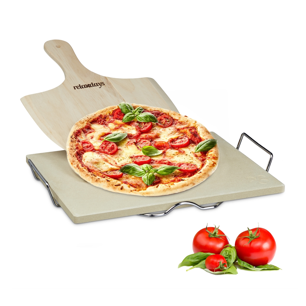 Relaxdays Pizzastein Set, 1,5 cm Stärke, mit Metallhalter & Holz-Pizzaschieber, HxBxT:7x43x31,5cm, Brotbackstein, natur Image
