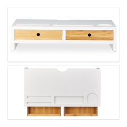 Relaxdays Monitorständer Bambus, Bildschirmerhöhung mit 2 Schubladen & Fächern, Lapdesk HBT 14 x 60 x 30 cm, weiß/natur Image