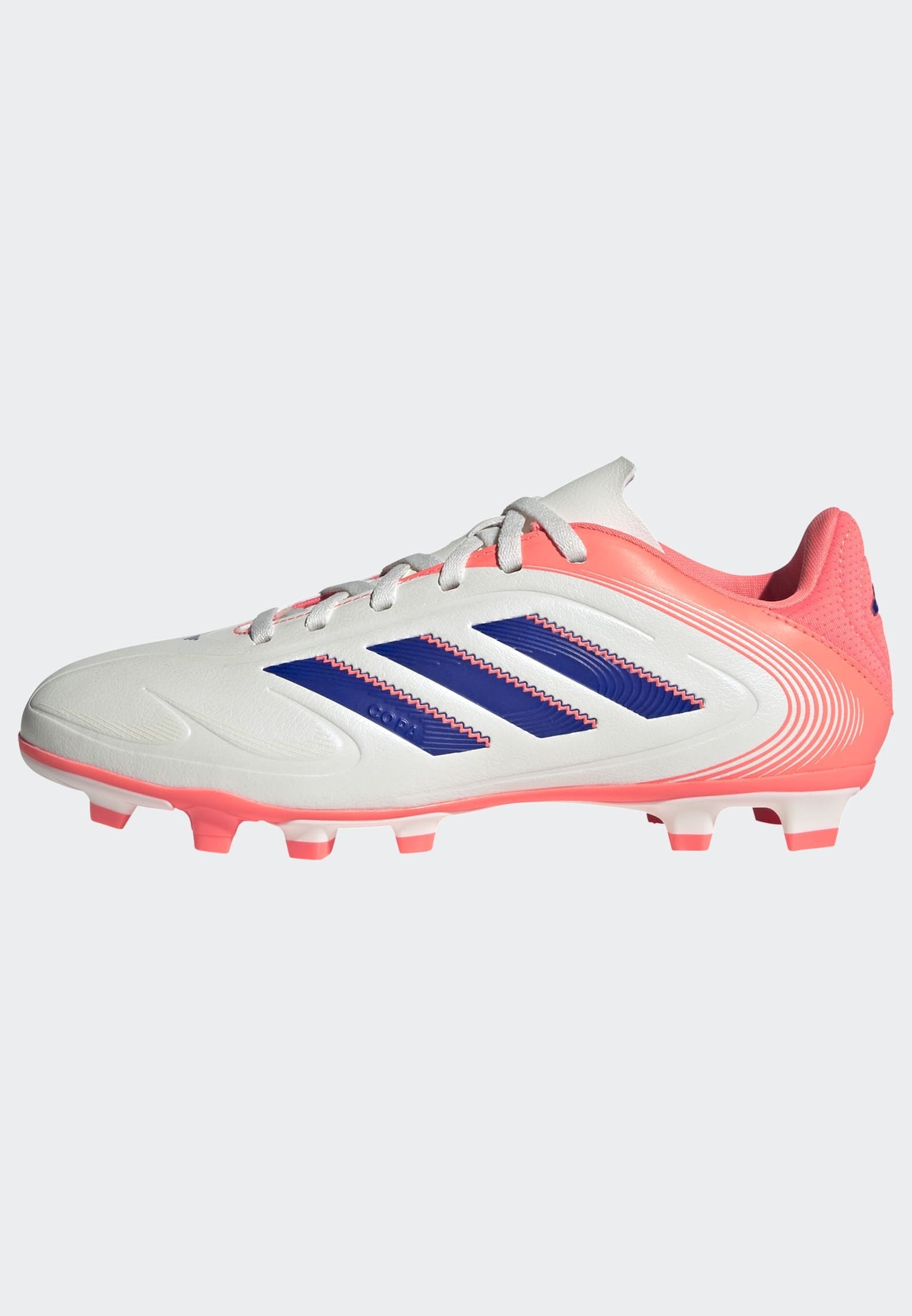 Fußballschuh ADIDAS PERFORMANCE "COPA PURE 3 CLUB FIRM/MULTI-GROUND KINDER", Gr. 31, sanftes weiß, lucid blau, signal coral, Synthetik, Sportlich, Schuhe, geeignet für Rasen- und Kunstrasenplätze Image