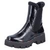 Winterstiefelette RIEKER, Damen, Gr. 36, schwarz, Lacklederimitat, Textil, glänzend, modisch, Schuhe, Plateauboots, Winterboots, Lack-Stiefelette mit buntem Sohlenrand