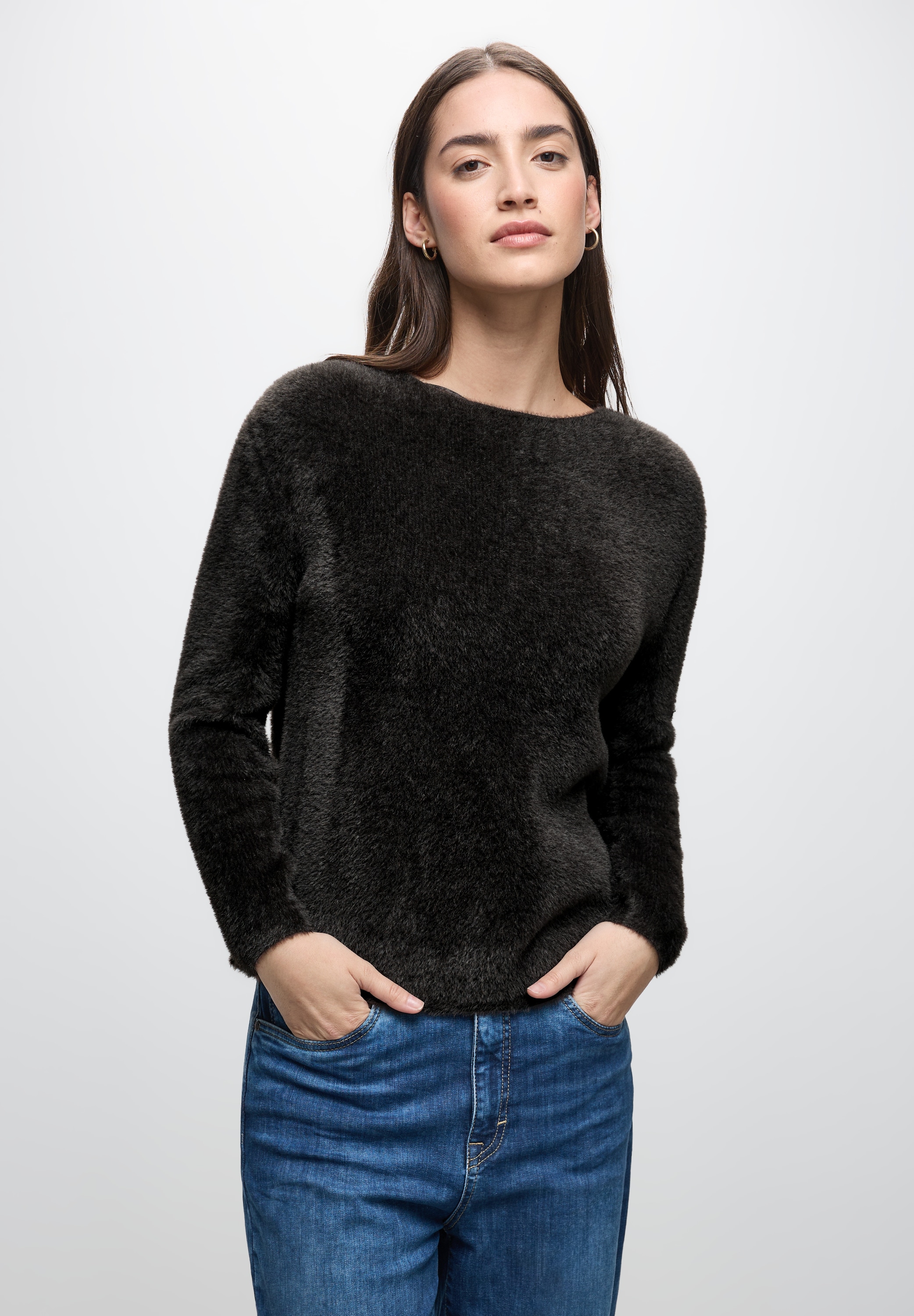 Strickpullover STREET ONE, Damen, Gr. 40, schwarzest braun, Stoff, 78% Polyamid, 12% Polyacryl, 10% Baumwolle, unifarben, normal normal, U-Boot-Ausschnitt, abgesteppt, Pullover Strickpullover, Grobstrick