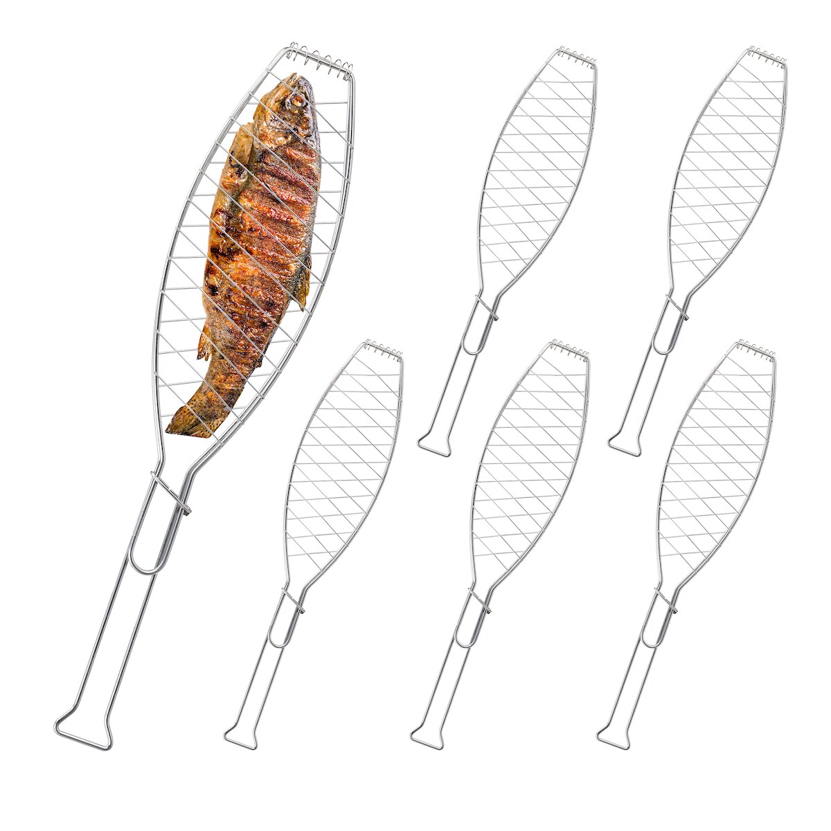 Relaxdays Fischbräter 6er Set, Edelstahl, mit Griff, 54 cm lang, Fischhalter zum Grillen, Grillguthalter Fisch, silber Image