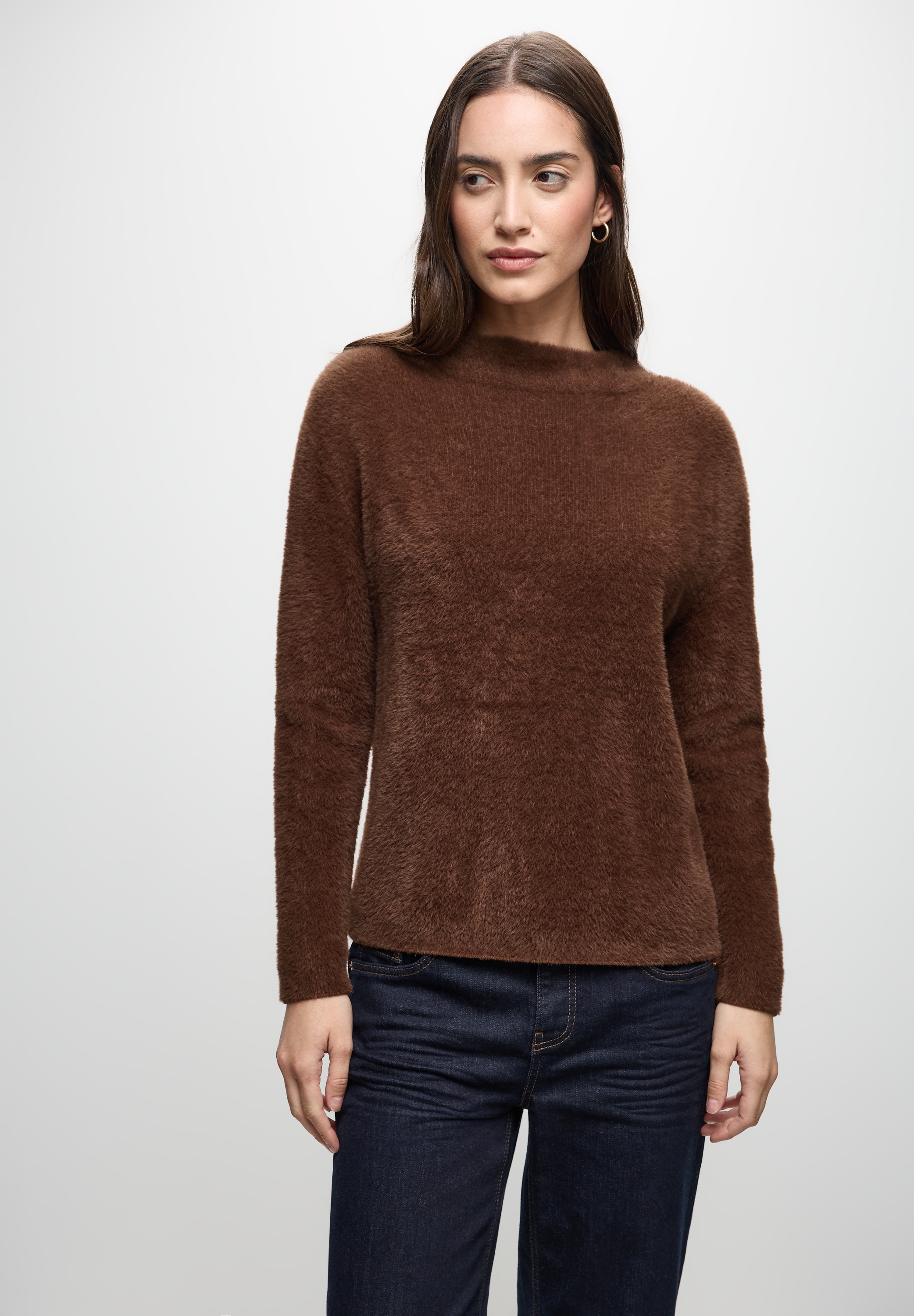 Strickpullover STREET ONE, Damen, Gr. 42, hazelnut braun, Stoff, 78% Polyamid, 12% Polyacryl, 10% Baumwolle, unifarben, normal normal, U-Boot-Ausschnitt, abgesteppt, Pullover Strickpullover, Grobstrick