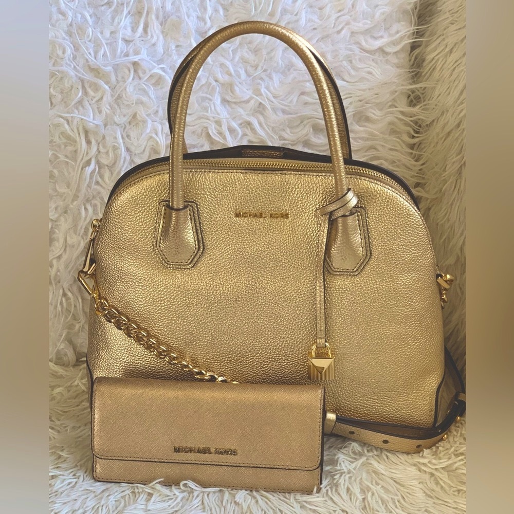 Michael Kors Bags | 4pcs-Mk Gold Satchel/Crossbody W Mk Charm,Detachable Strap & Gold Snap Wallet | Color: Gold | Size: Os