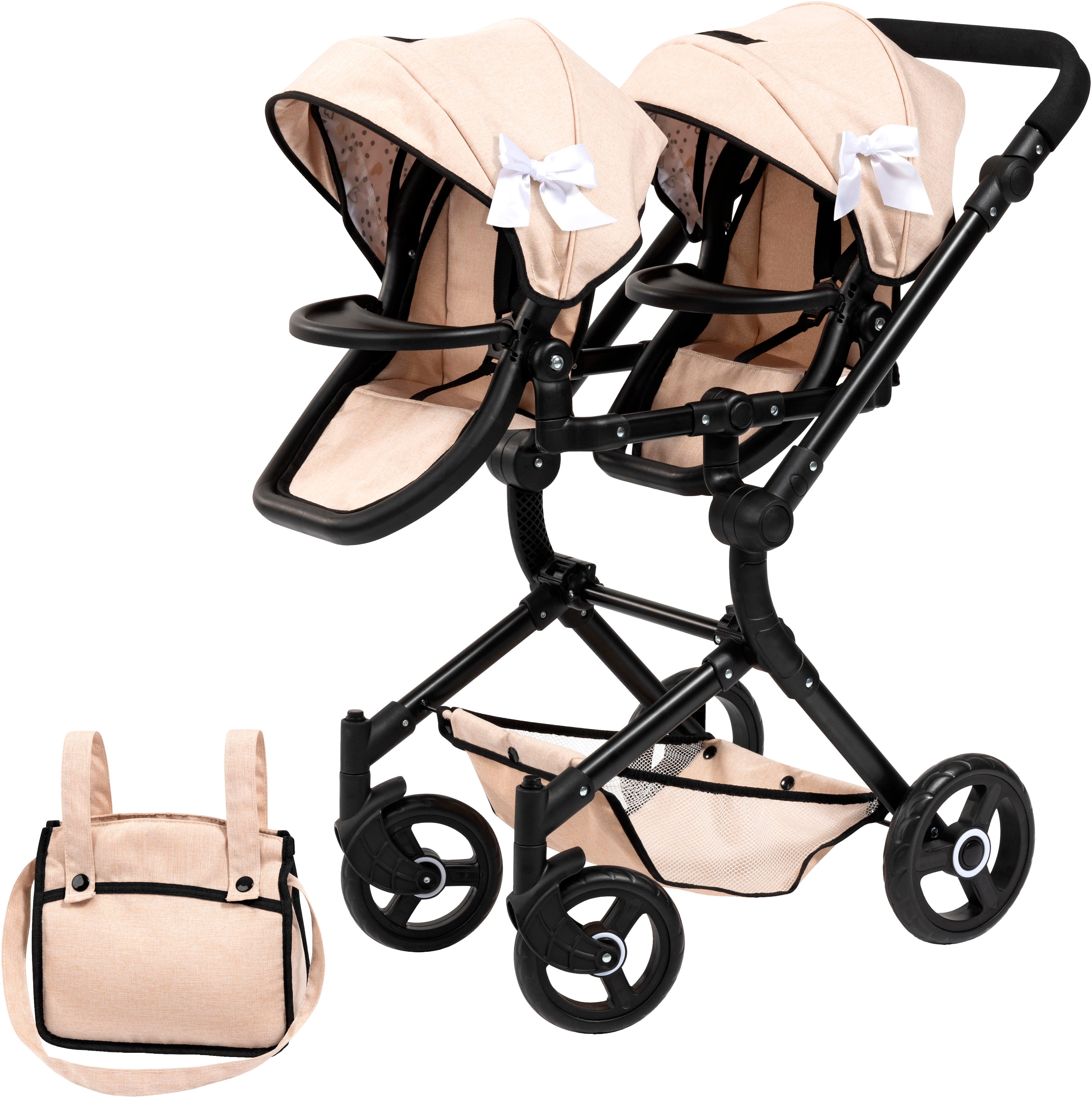 Puppen-Zwillingsbuggy BAYER "Twin Neo", schleife beige, Puppenwagen, KinderB:41,5cm H:81cm T:81,5cm, Kunststoff, Metall, Stoff, mit Wickeltasche, B:41,5cm H:81cm T:81,5cm