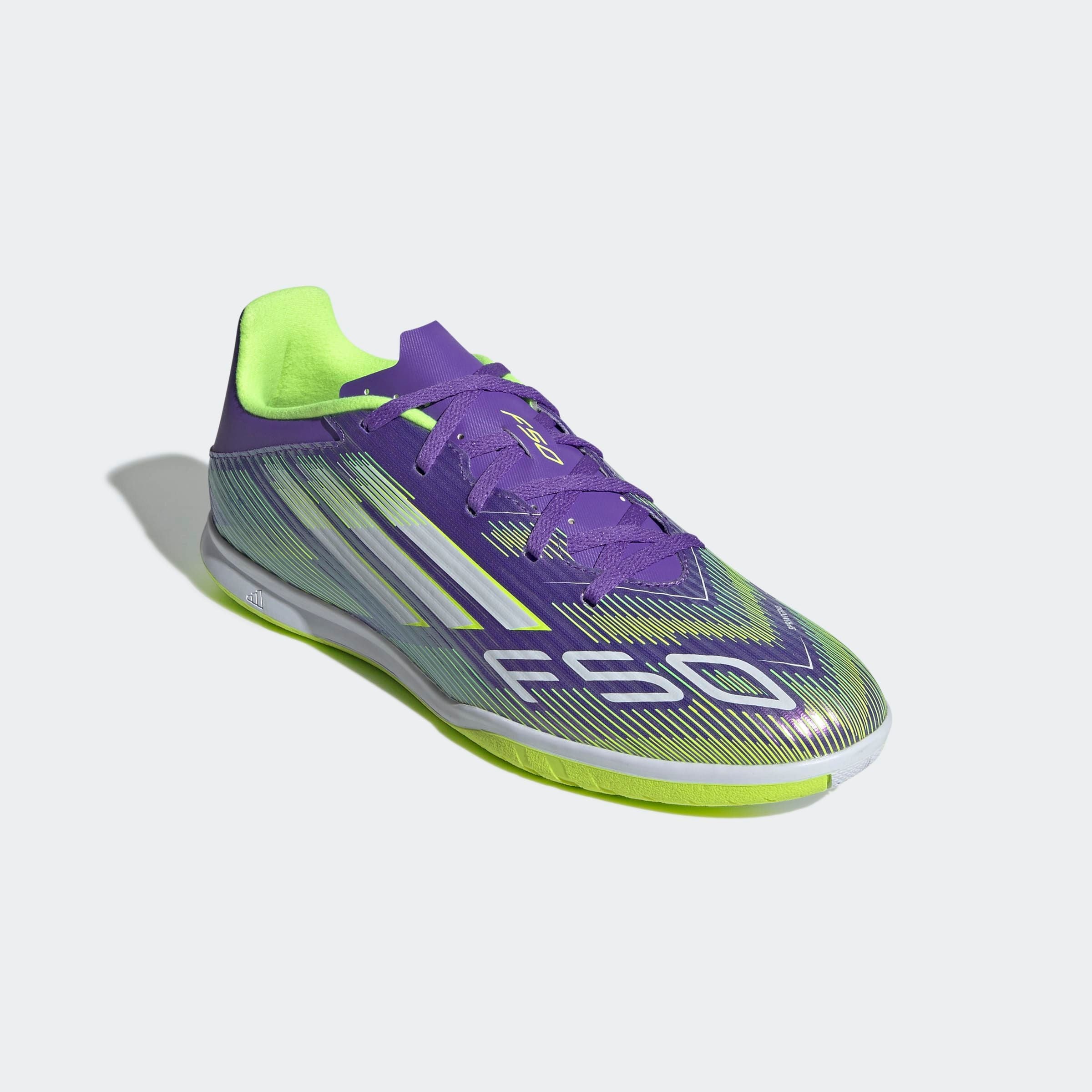 Fußballschuh ADIDAS PERFORMANCE "F50 CLUB IN", Gr. 44, lila rush, cloud weiß, lucid lemon, Synthetik, Schuhe, geeignet als Hallenschuhe