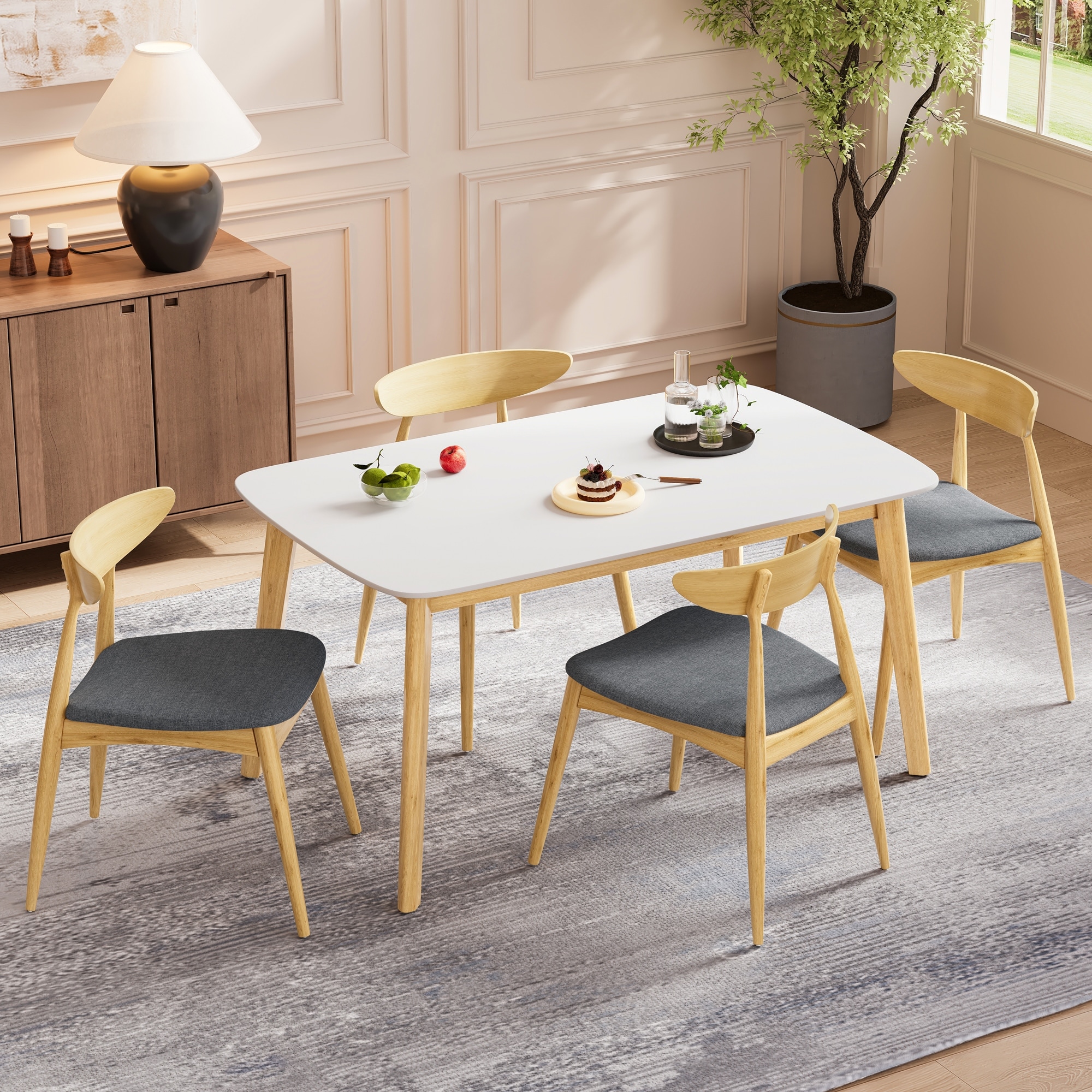 5-Piece Dining Table Chair Set, Compact Kitchen Dining Table Set, Wooden Casual Dining Table Set with 4 Dining Chairs