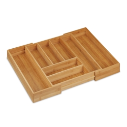 Relaxdays Besteckkasten Bambus, ausziehbar, Besteckeinsatz 6 bis 8 Fächer, Schubladeneinsatz HBT 6,5x57,5x43 cm, natur Image