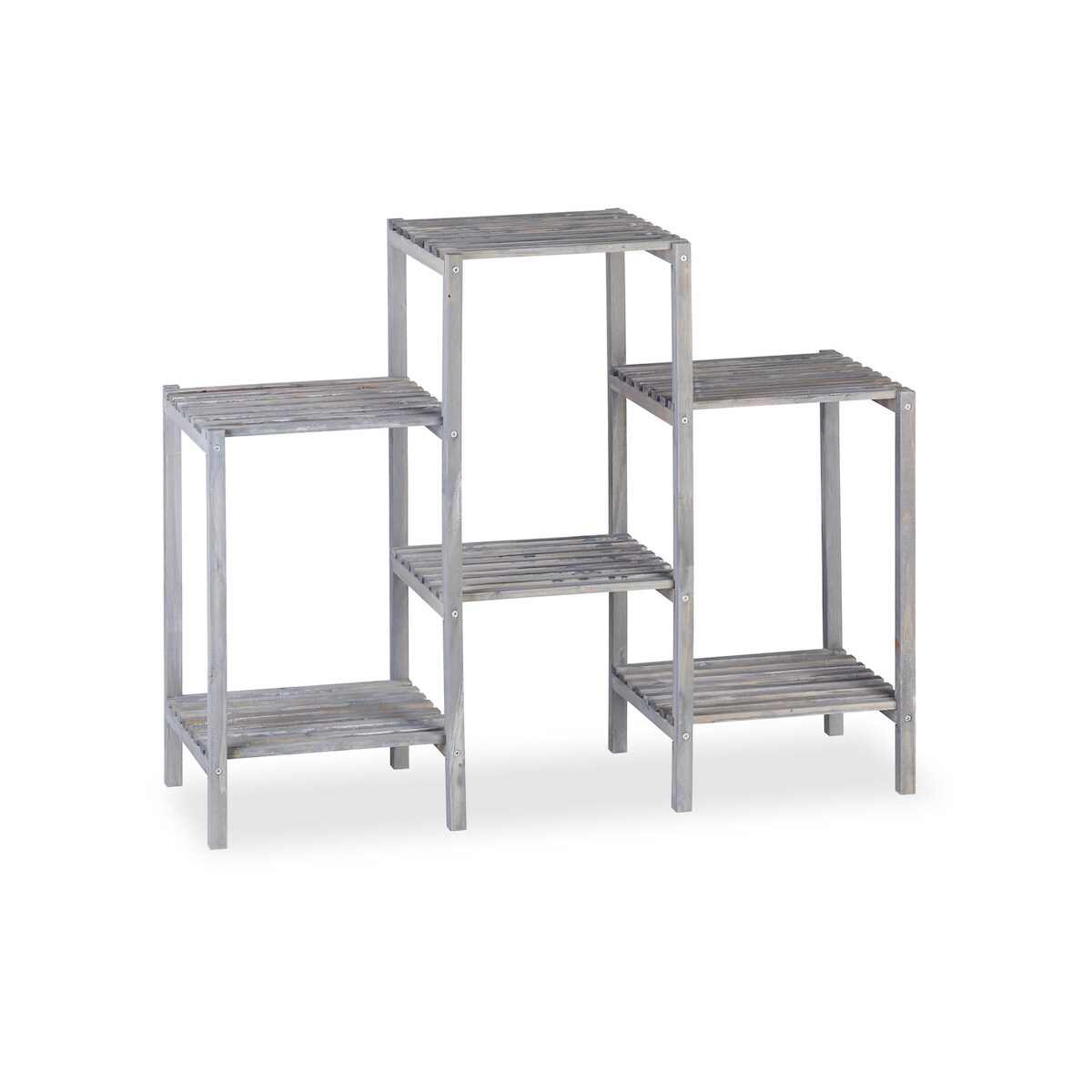 Relaxdays Blumentreppe Holz, Shabby Chic, Innenbereich, Wohnzimmer, Pflanzenregal, 6 Ablagen, HBT 70 x 89 x 27 cm, grau Image