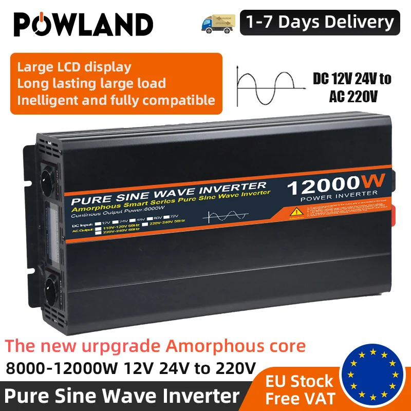POWLAND 12000W 8000W onduleur à onde sinusoïdale Pure DC 12V 24V à AC 220V onduleur 50HZ convertisseur d