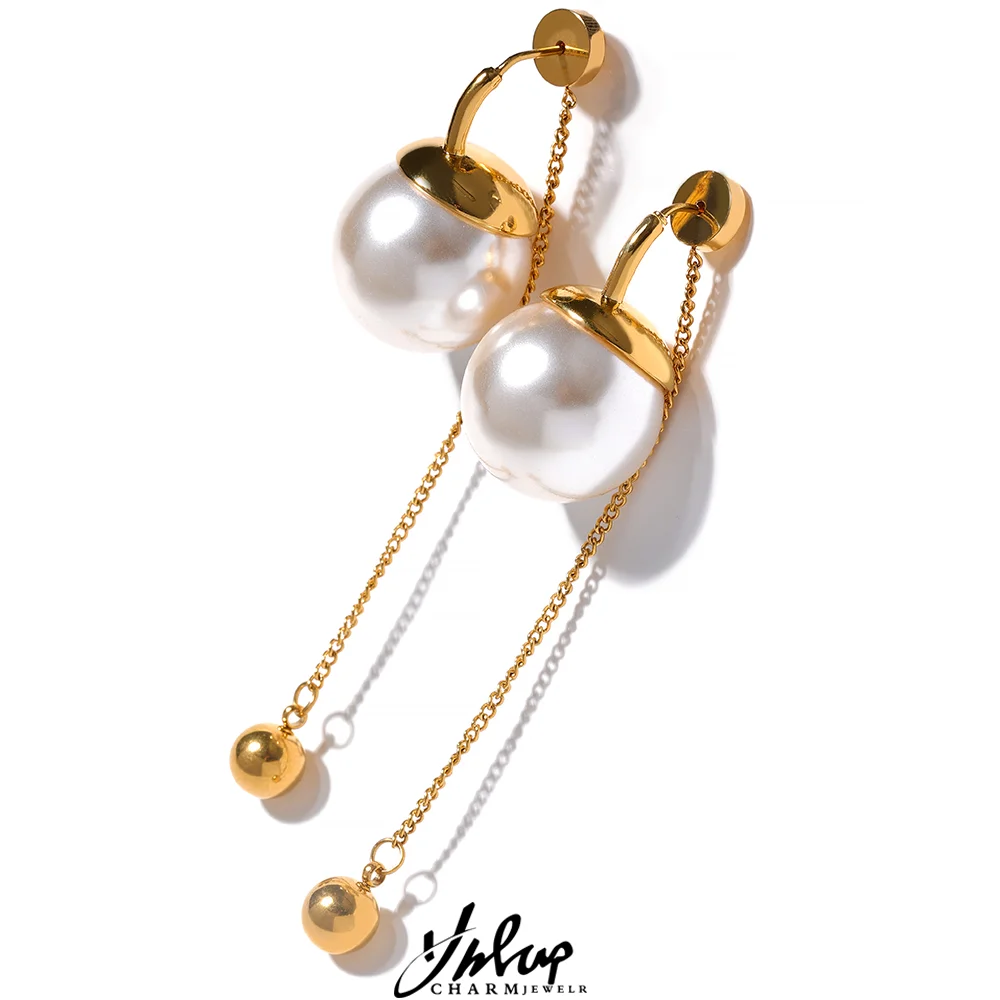 Yhpup Koreanische Imitation Perlen Kette Lange Tropfen Edelstahl Ohrringe Temperament Geometrische Mode Chic Partei Schmuck Frauen Image