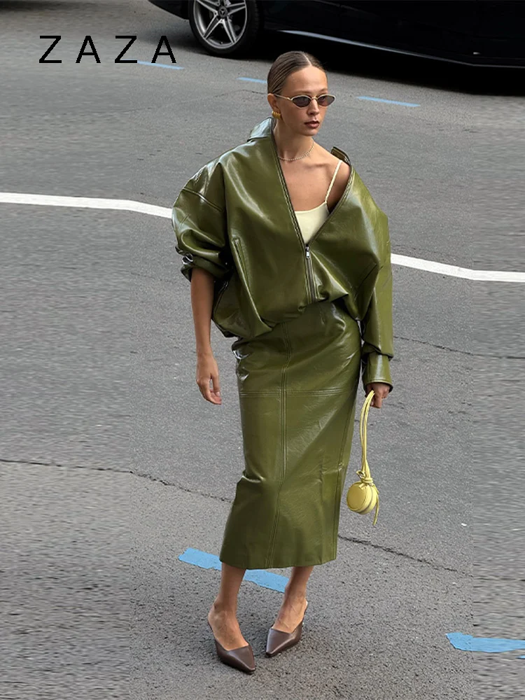 Pu-Lederjacke, Rock-Sets, Stehkragen, lockerer Mantel, niedrige Taille, fester langer Rock, Herbstmäntel, Rock-Sets, 2025, neue Damen-Outfits Image