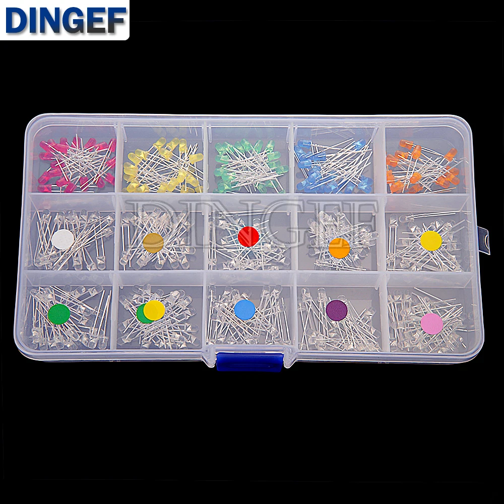 300 Stück 3 mm LED-Diode, 15 Farben, je 20 Stück, Rot/Orange/Gelb/Grün/Blau/Weiß/Lila/Rosa und mehr Anschlüsse Image