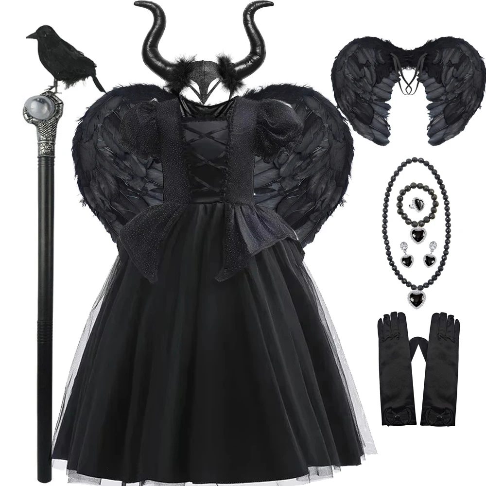 Halloween-Kostüm für Kinder, schwarzes Hexenkleid, luxuriöse Spitze, Pailletten, böser Rollenspiel-Kostüm, Maleficent Dress Up Outfit, Geisterbraut Image